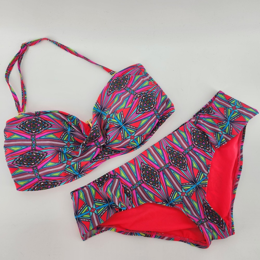 Urban Sea Womens XL Pink Blue Geometric Tribal Print Bandeau Bikini 2 Piece Set